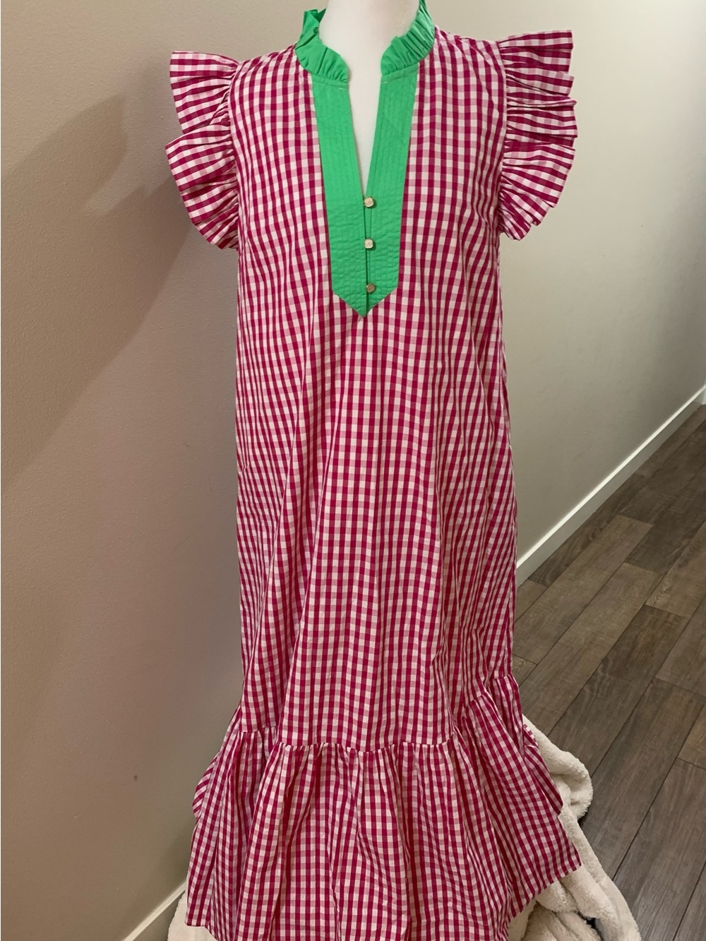 entro Pink Gingham Midi Dress with Green Placket